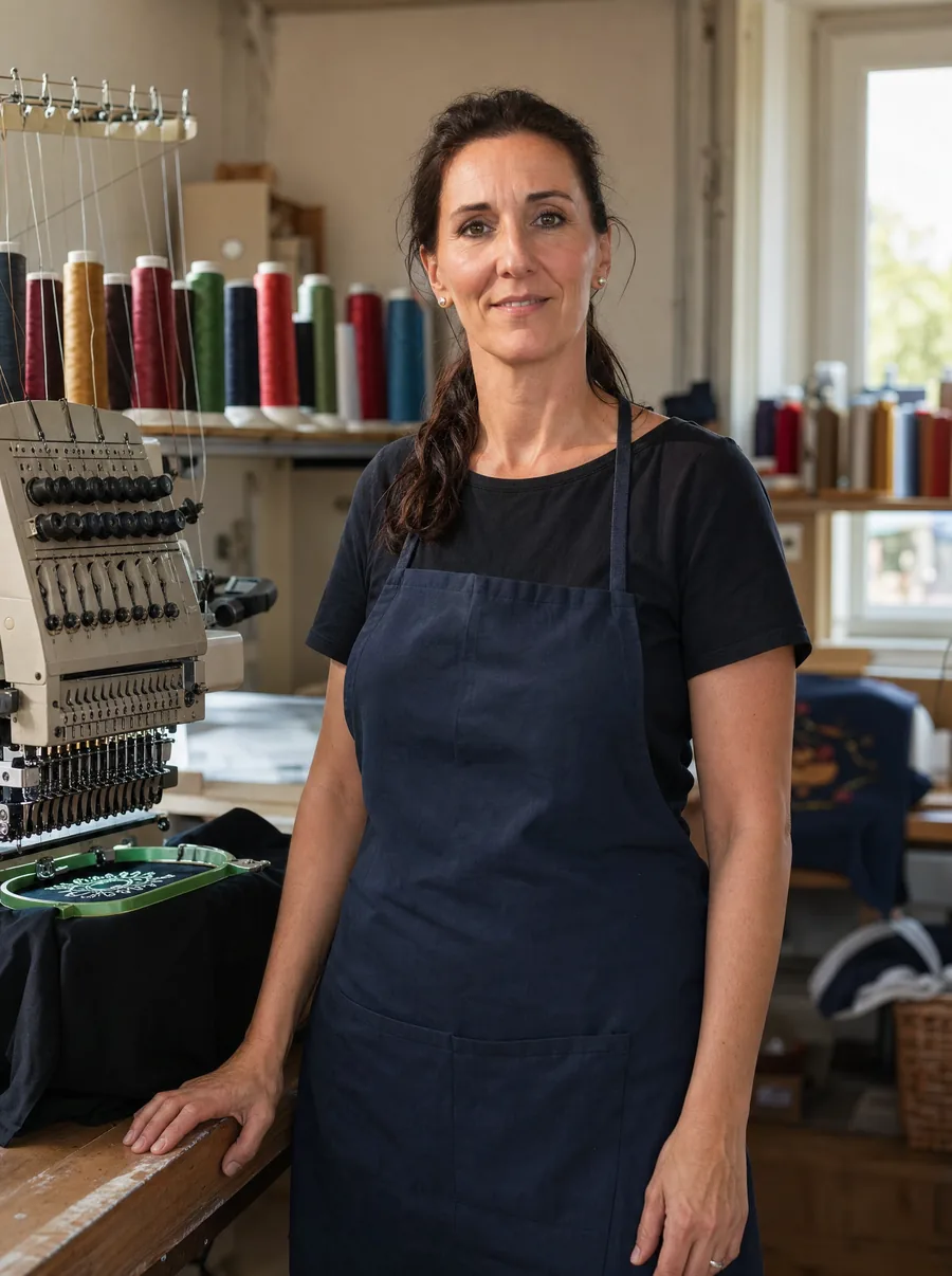 Katja Winter an der Stickmaschine in ihrer Werkstatt