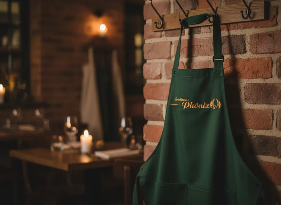 Gr&uuml;ne Sch&uuml;rze mit orange gesticktem Gasthaus-Ph&ouml;nix-Logo