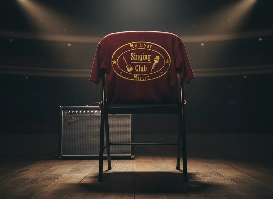 Weinrotes Bandshirt mit gold gesticktem Singing-Club-Emblem
