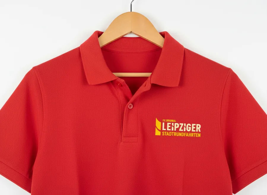 Rotes Polo mit gelb gesticktem Stadtrundfahrten-Logo