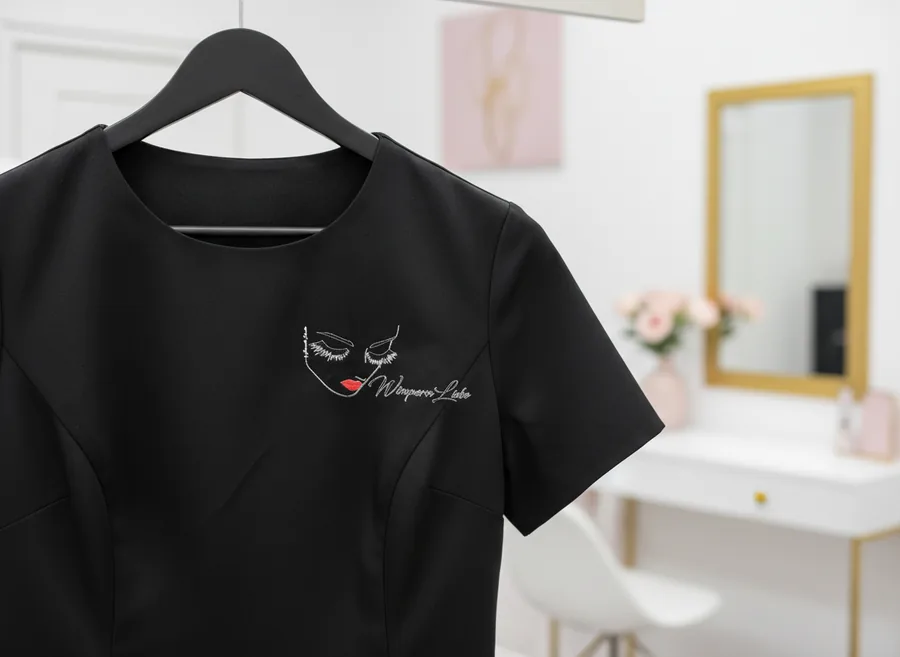 Schwarze Kosmetik-Bluse mit gesticktem WimpernLiebe-Logo